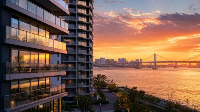 東京湾を望む近代的な湾岸マンション群と美しい夕暮れの景色