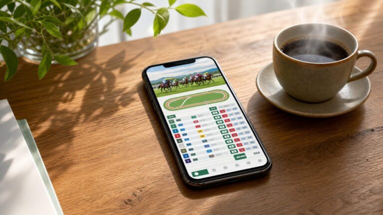 机の上のスマートフォンに表示された競馬のネット投票画面とコーヒーカップ