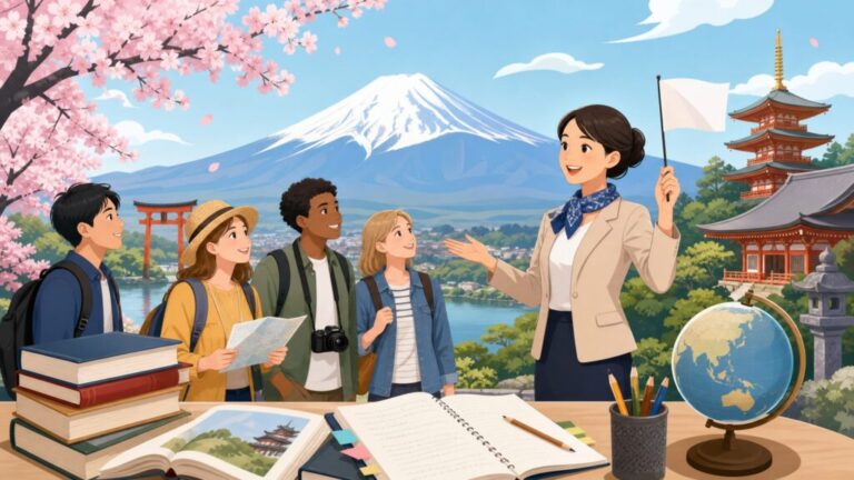 日本の観光地を案内する通訳案内士のイラスト