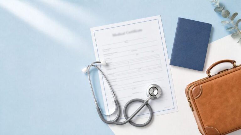 英語の診断書（Medical Certificate）とパスポート、聴診器のイメージ画像